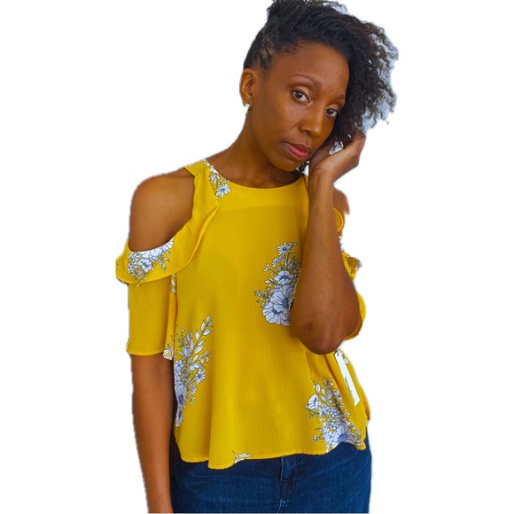 Haute Monde Tops - HAUTE MONDE - Mustard Yellow, Black/White, Open Shoulders, Size L